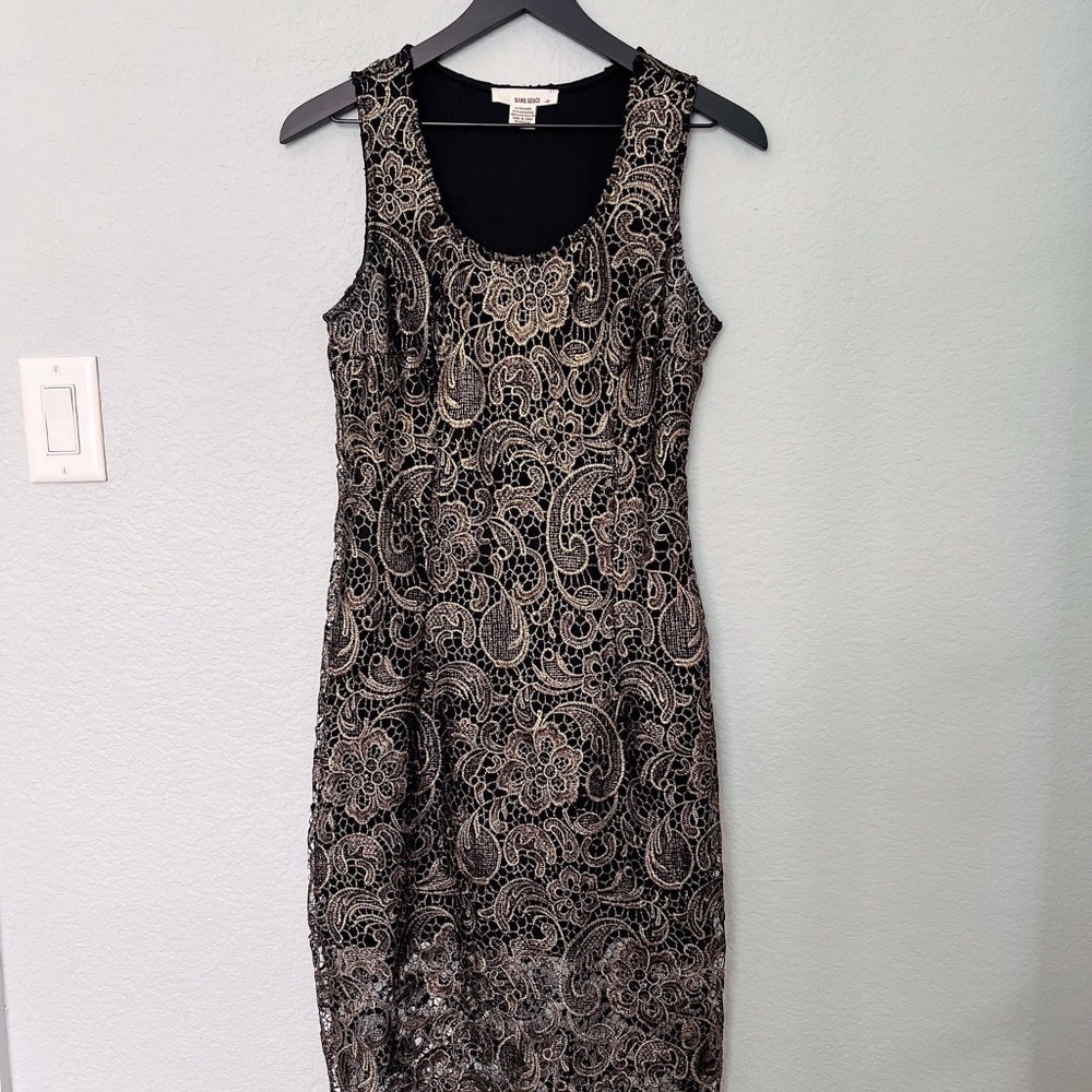 Gold and black sleeveless cocktail dress- beautiful embroidered details
